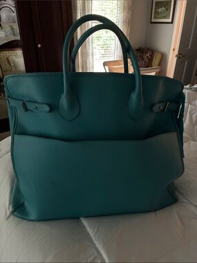 Teal Pebbled Leather Tote Bag with Front Pocket